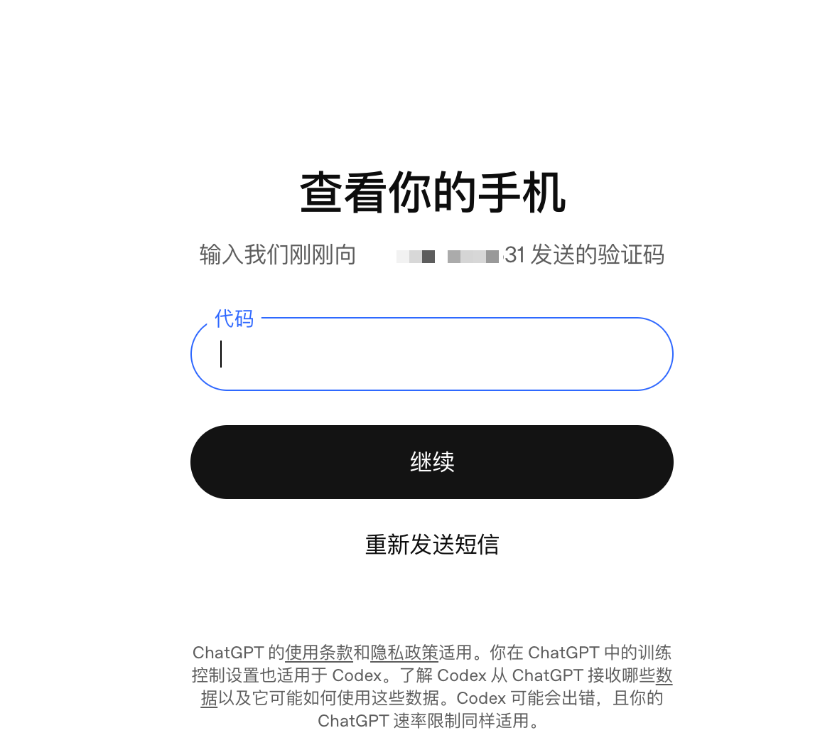 OpenAI 查看手机验证码页面，包含验证码输入框